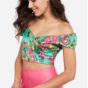 Express x Rocky Barnes teal floral off shoulder crop top size Large